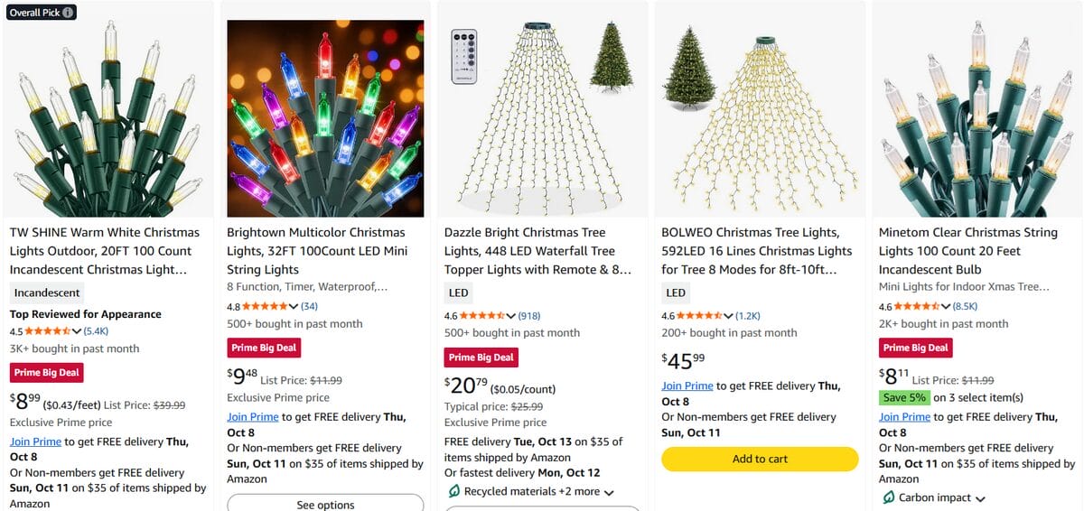Amazon search results showcasing Christmas tree lights in different styles