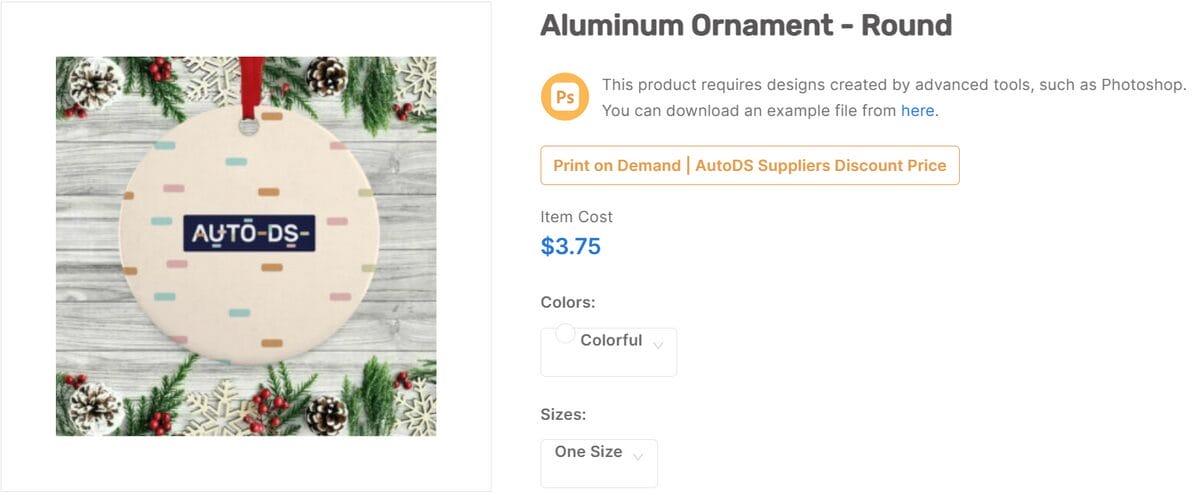 AutoDS product page of personalized round Christmas ornament