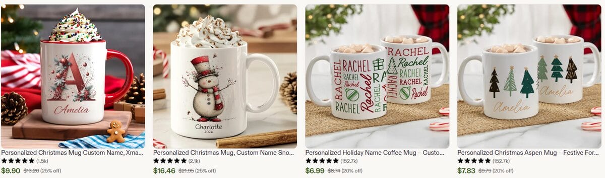 Etsy search results showcasing personalized Christmas mugs with custom names and designs