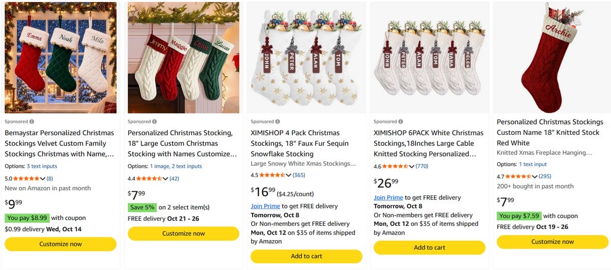 Amazon product list of personalized Christmas stockings