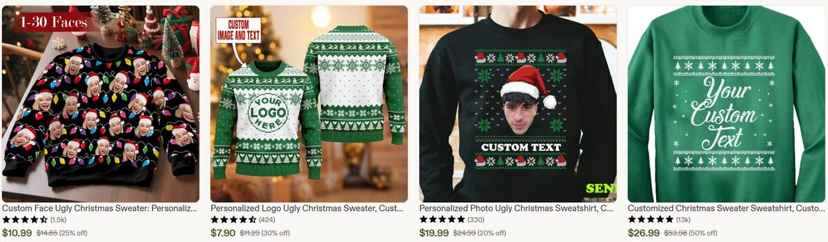 Custom Christmas sweaters with personalized photos, logos, and text on Etsy