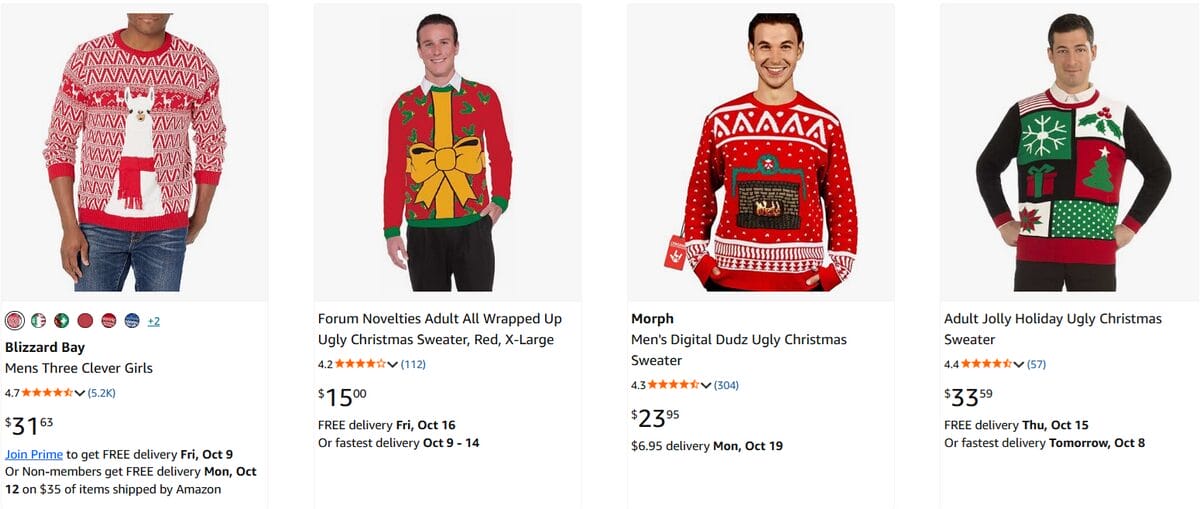 Product list of ugly Christmas sweaters in different holiday designs on Amazon