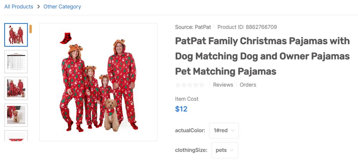 AutoDS product page showcasing matching Christmas pajamas for a family and dog