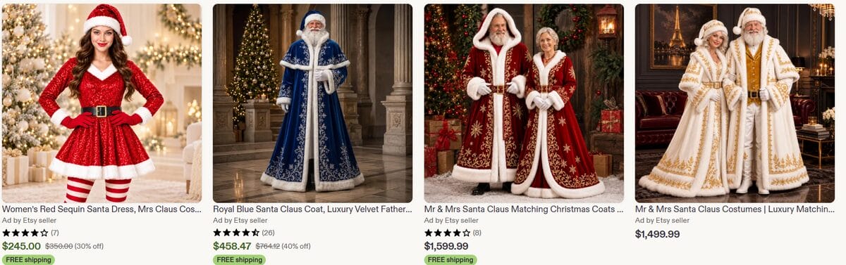 Etsy search results of Santa and Mrs. Claus Christmas costumes