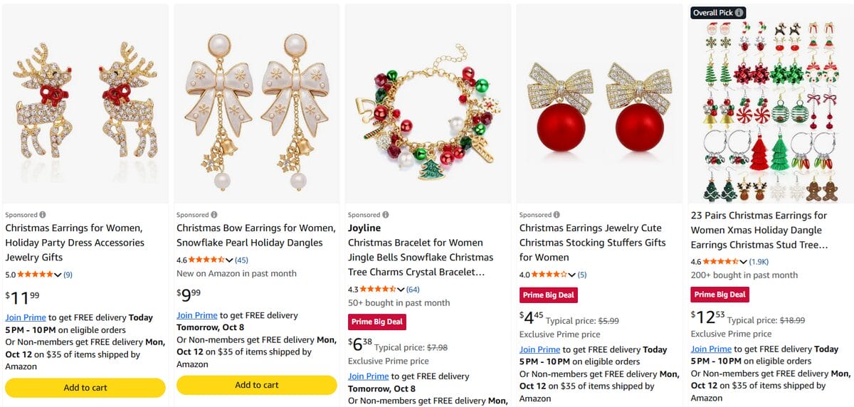 Amazon search results showcasing Christmas and holiday jewelry