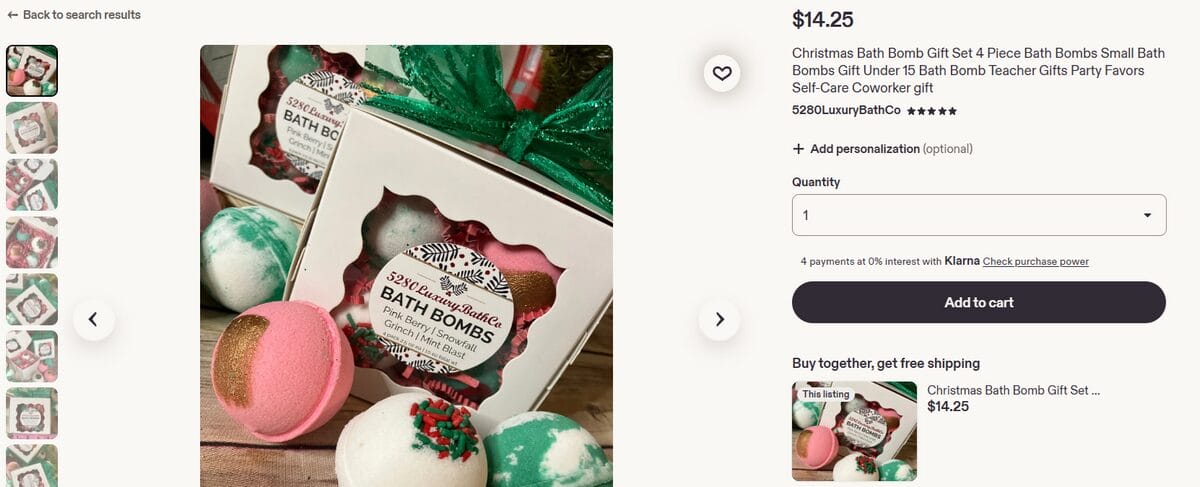 Etsy product page of a Christmas bath bomb gift set