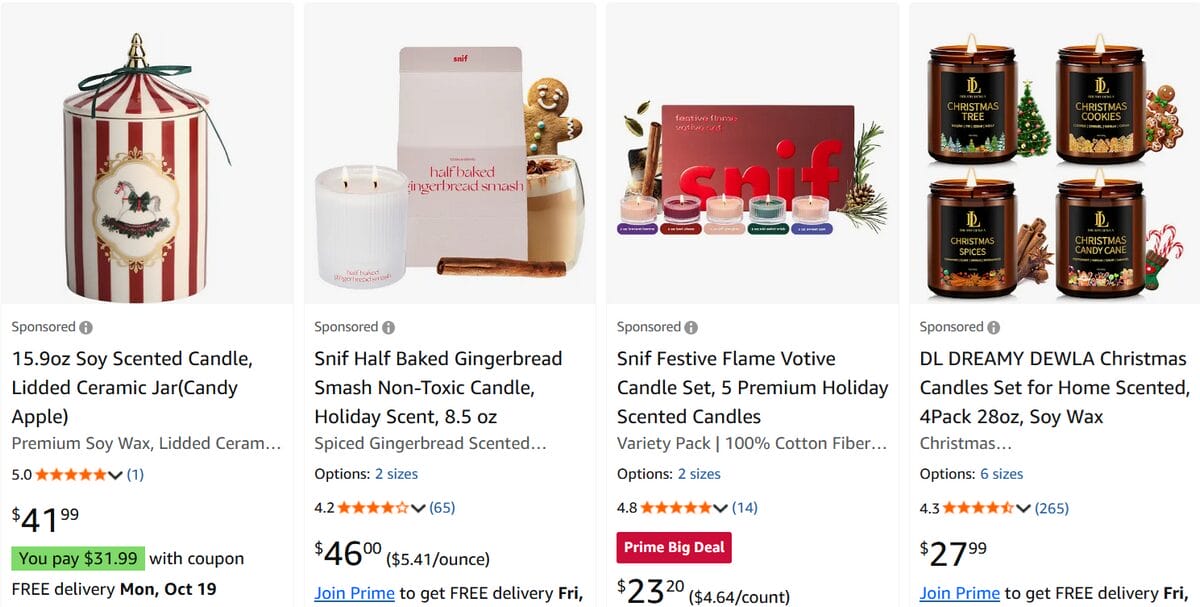 Amazon search results showcasing holiday scented candles and Christmas candle sets