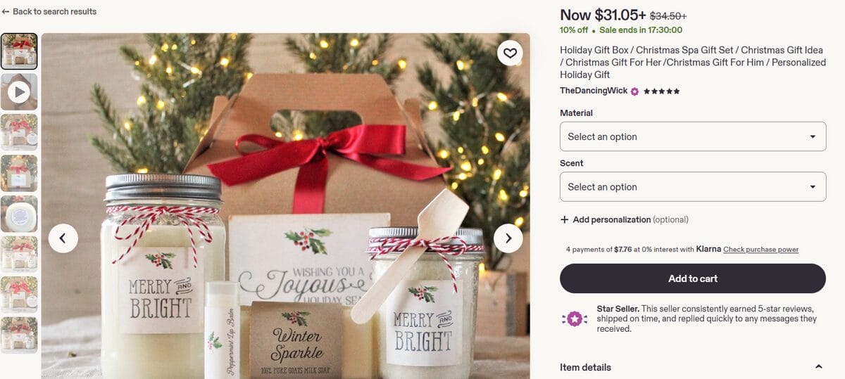 Etsy product page of Christmas spa gift set with candles and bath products