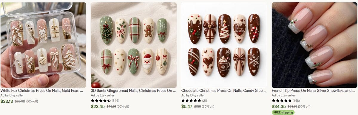 Etsy list of Christmas press-on nail art sets products