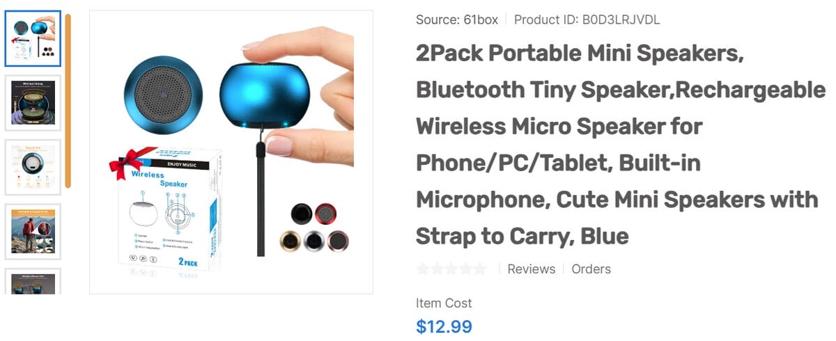 AutoDS product page for blue portable mini Bluetooth speakers with product photos and details