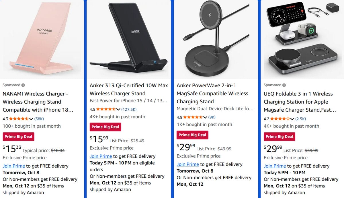 Amazon search results featuring wireless charging stands and multi-device charging stations