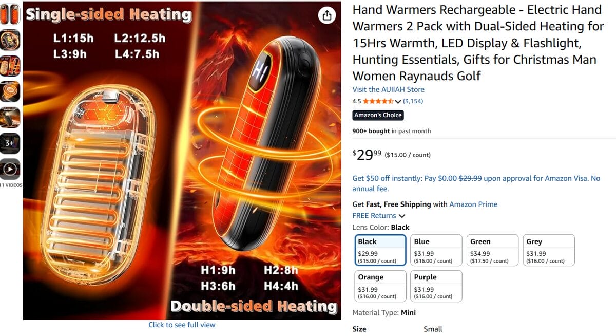 Amazon product page for rechargeable electric hand warmers with dual-sided heating