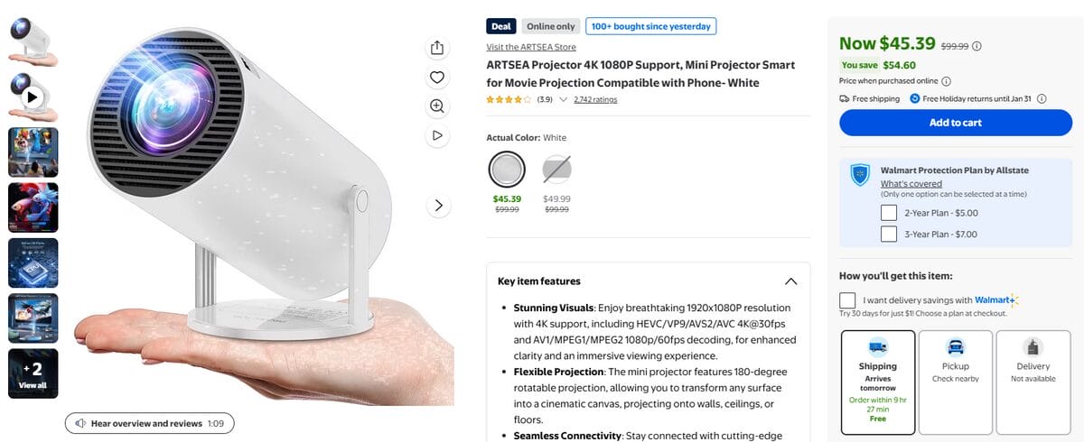 Walmart product page displaying a compact white mini projector