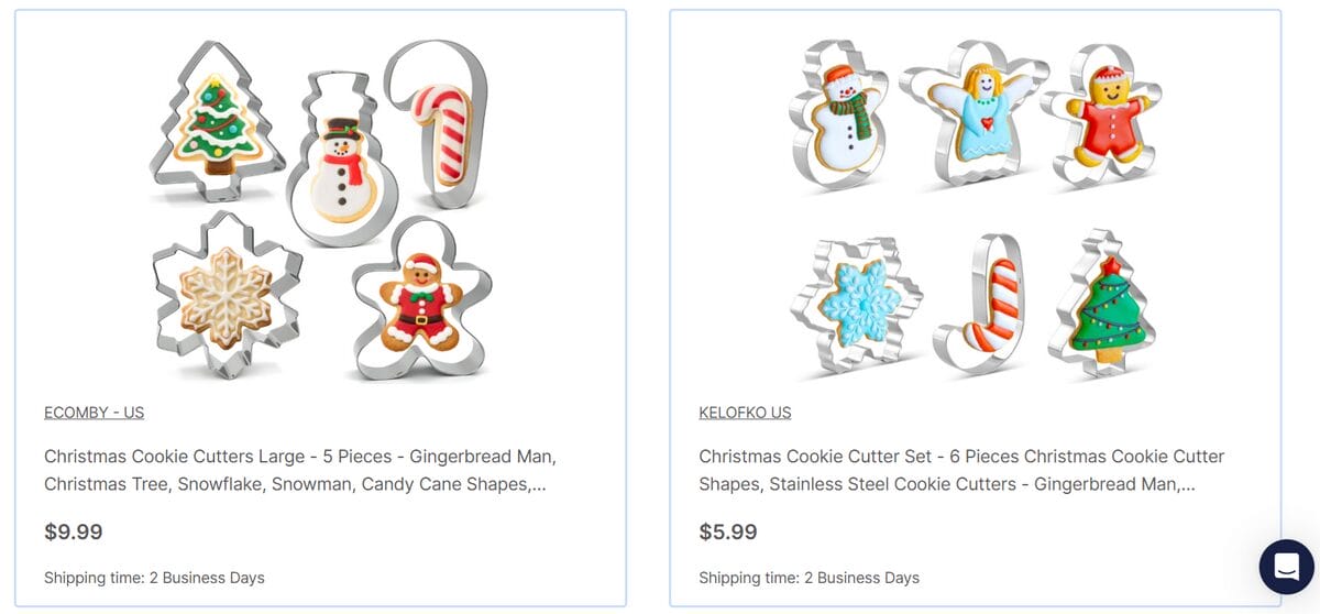 AutoDS marketplace listings for Christmas cookie cutter sets in festive shapes