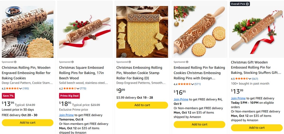 Amazon search results featuring Christmas rolling pins