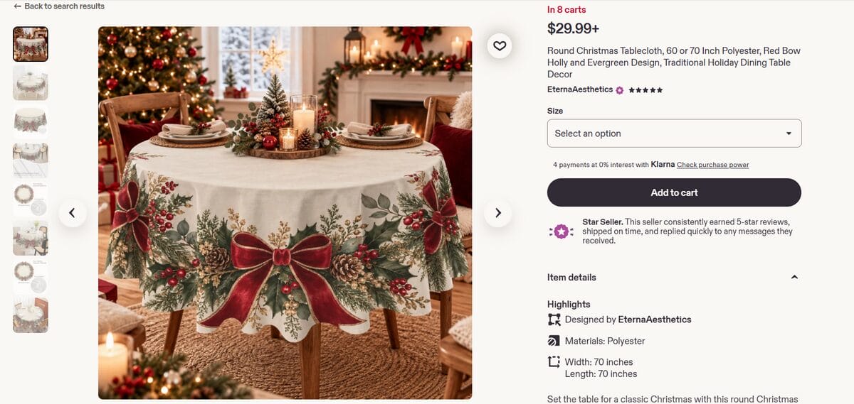 Etsy product page displaying a round Christmas tablecloth decoration set