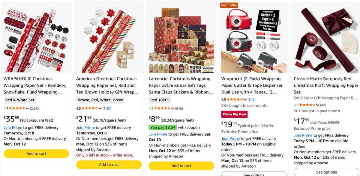 Amazon listing for Christmas wrapping paper gift sets