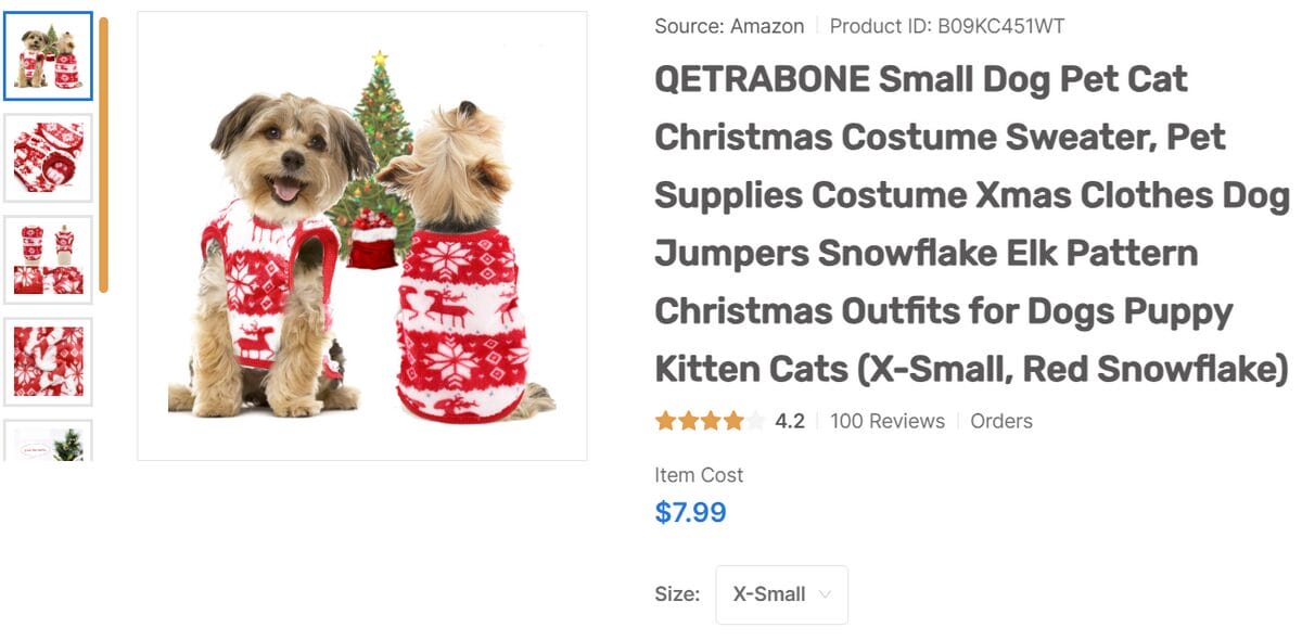 AutoDS product page for a Christmas dog sweater