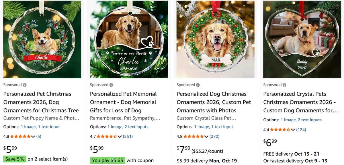 Amazon search results for personalized pet Christmas ornaments with custom dog photos and names