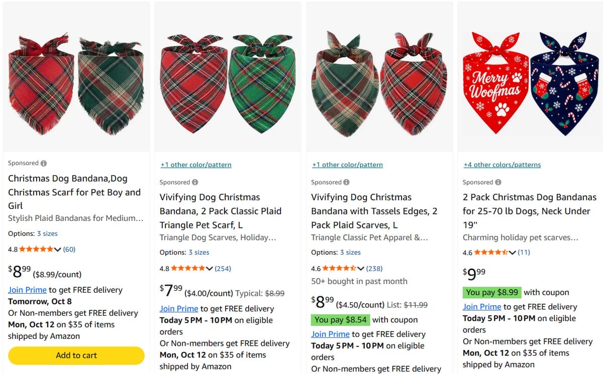 Amazon search results featuring plaid and festive Christmas bandanas for dogs