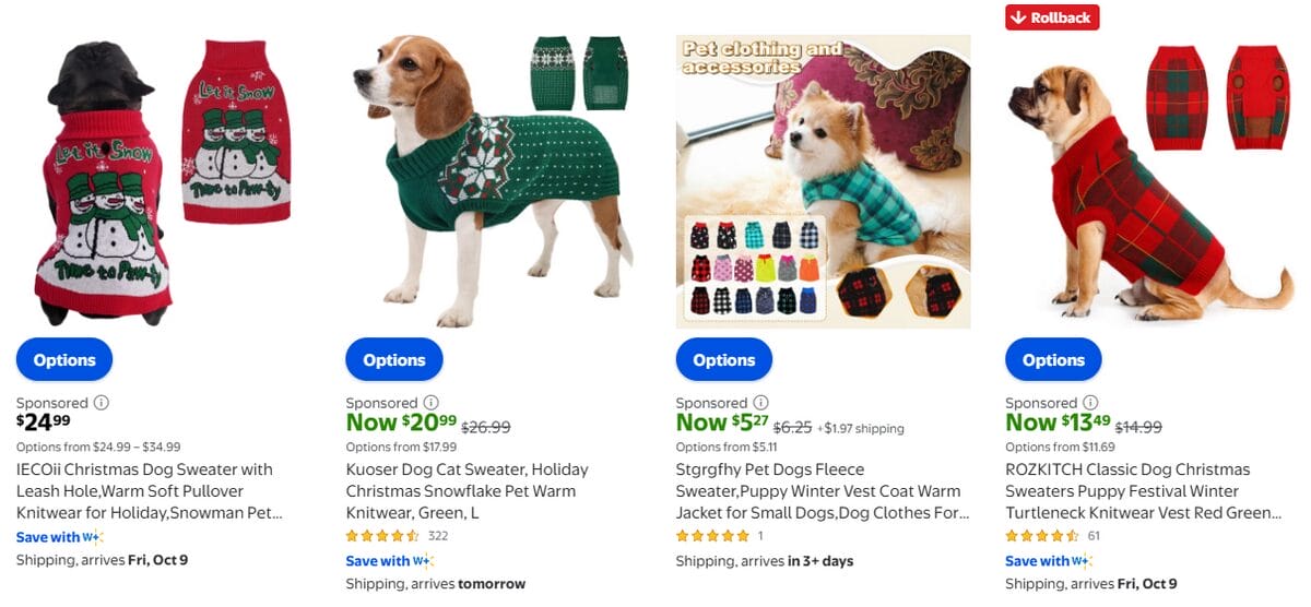 Walmart search results displaying dogs wearing Christmas sweaters