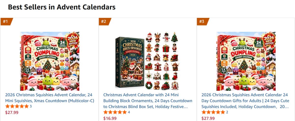Amazon Best Sellers page featuring Christmas Advent calendars