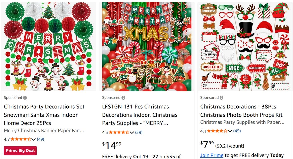 Amazon search results featuring Christmas party decoration packs