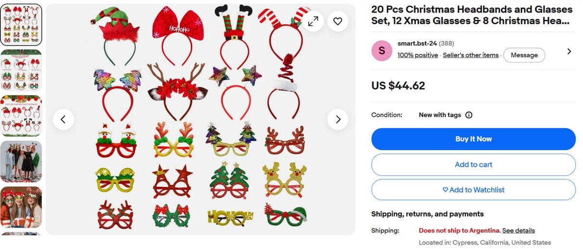 eBay product page displaying a set of Christmas headbands and holiday glasses