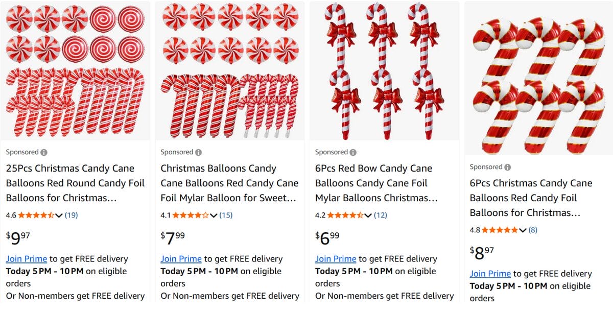 Amazon search results for candy cane balloons in different Christmas designs