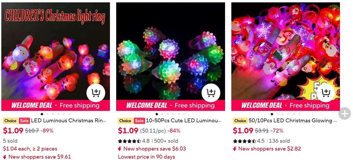 AliExpress search results featuring colorful LED Christmas rings with holiday designs