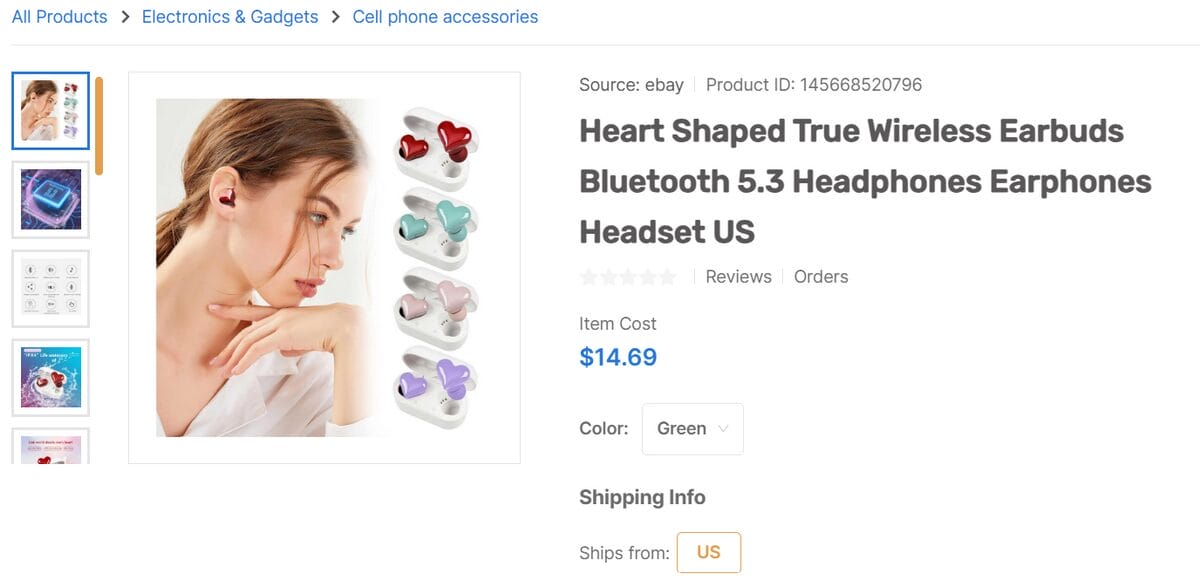 Heart-shaped true wireless earbuds listed on the AutoDS marketplace