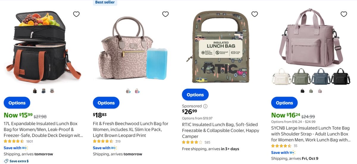 Insulated lunch bags in different styles and sizes listed on Walmart