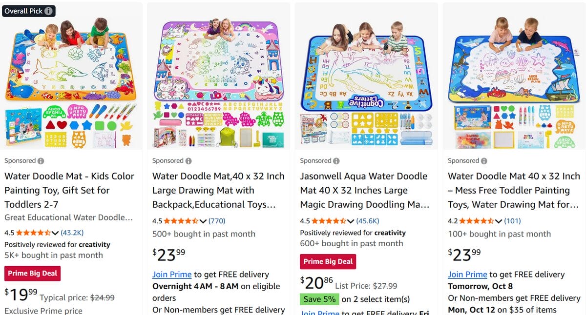Kids’ water drawing mats with colorful educational designs listed on Amazon