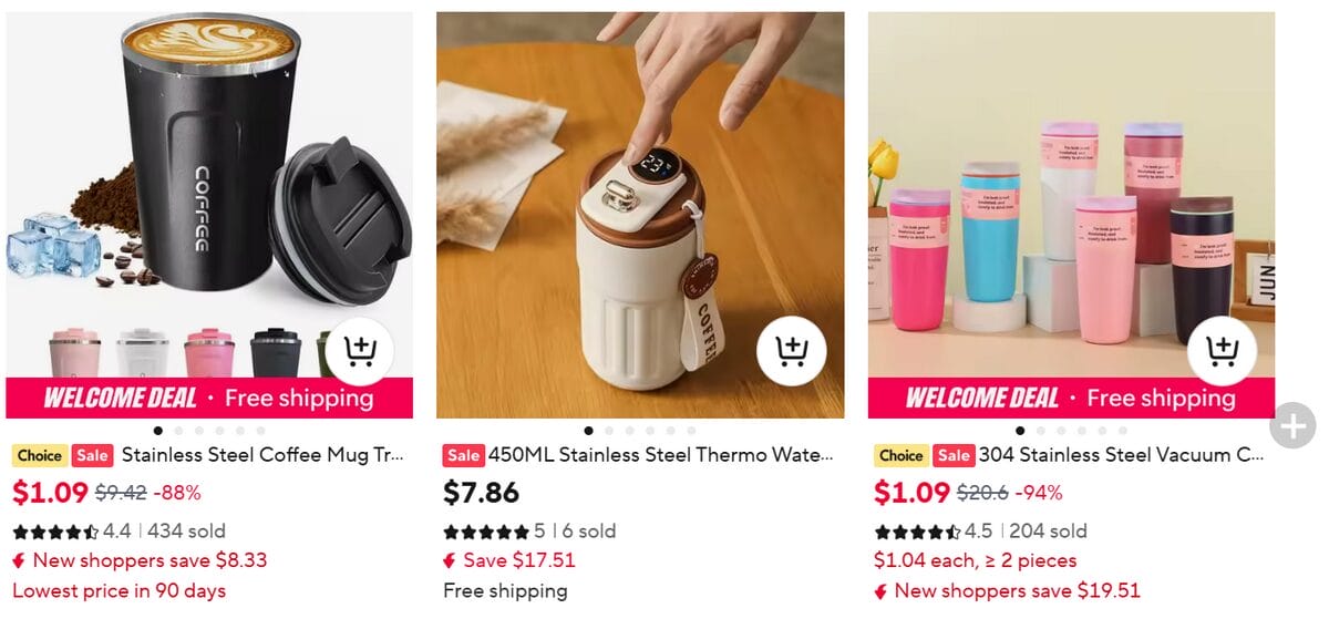 Stainless steel insulated coffee tumblers in different colors listed on AliExpress