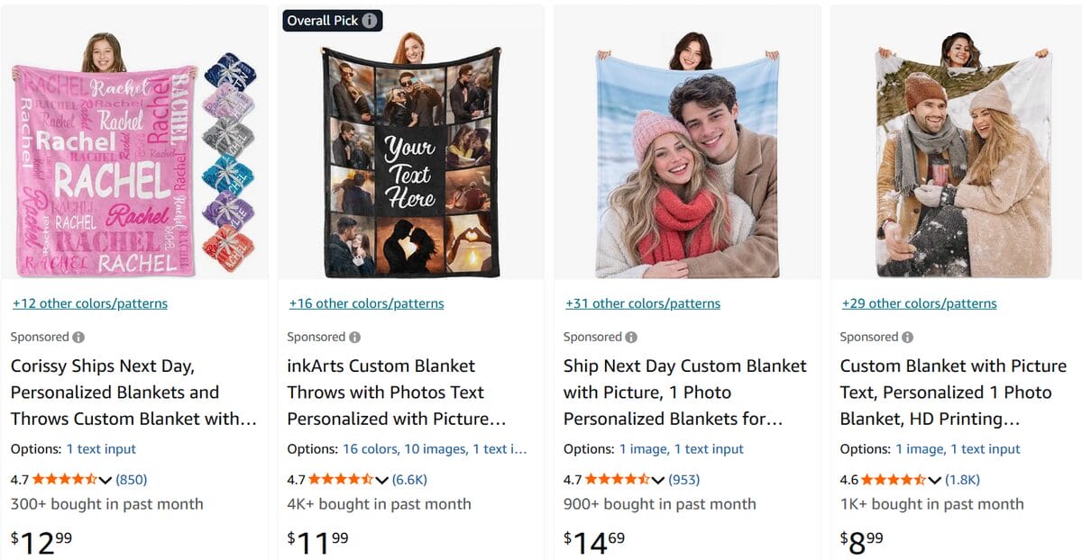 Personalized print-on-demand blankets with custom photos and text listed on Amazon