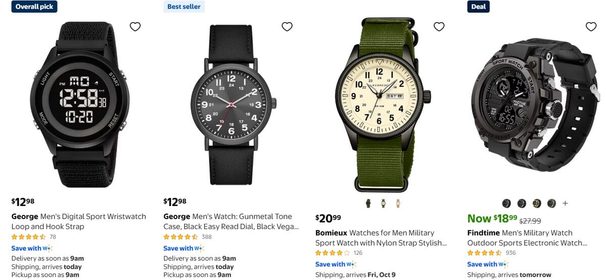 Men’s watches listed on Walmart