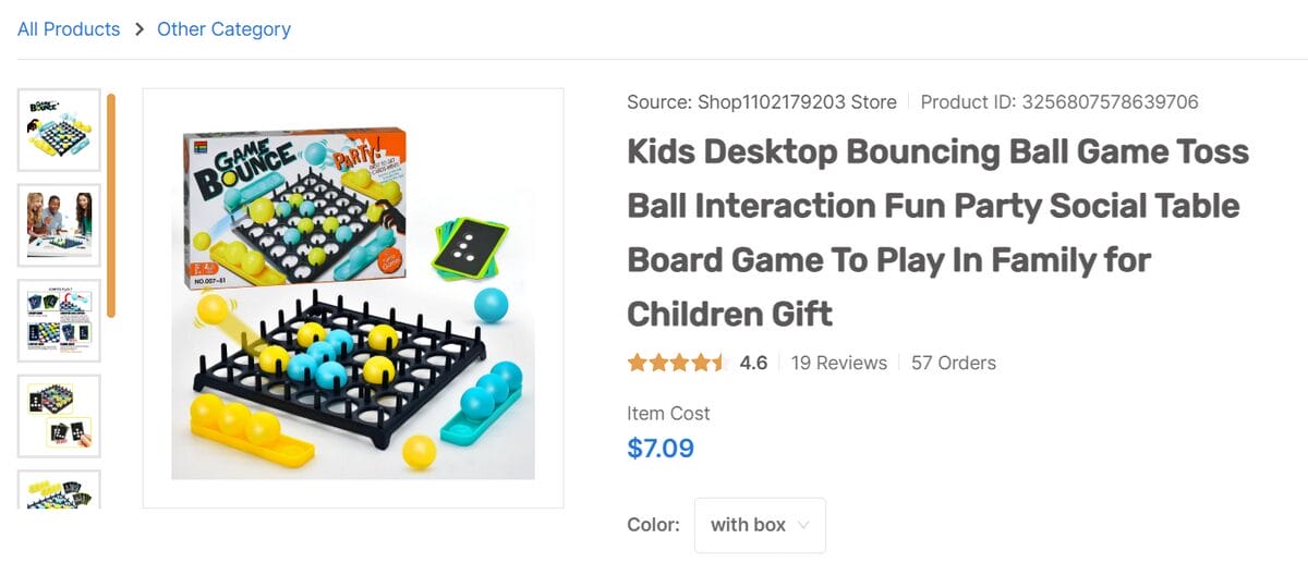 Kids’ desktop bouncing ball game listed on the AutoDS marketplace