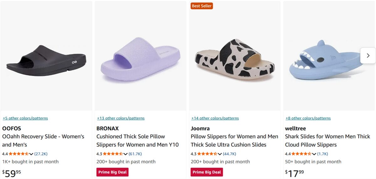 Cushioned pillow slippers in different colors and designs listed on Amazon