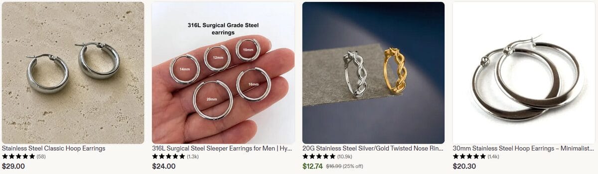Product list of stainless steel hoop earrings on eBay