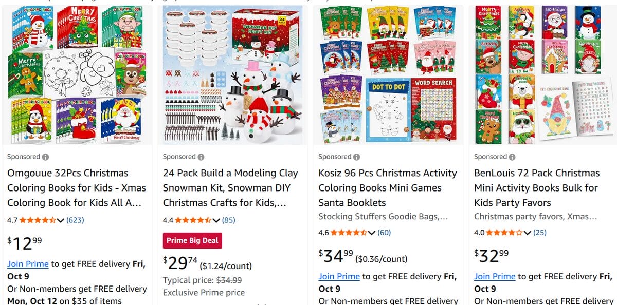 Amazon catalog displaying Christmas coloring and activity books