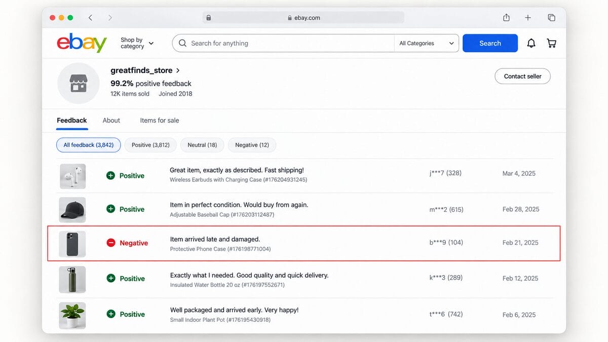 eBay feedback with one highlighted negative review