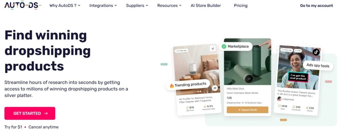 AutoDS product page of product finding tools