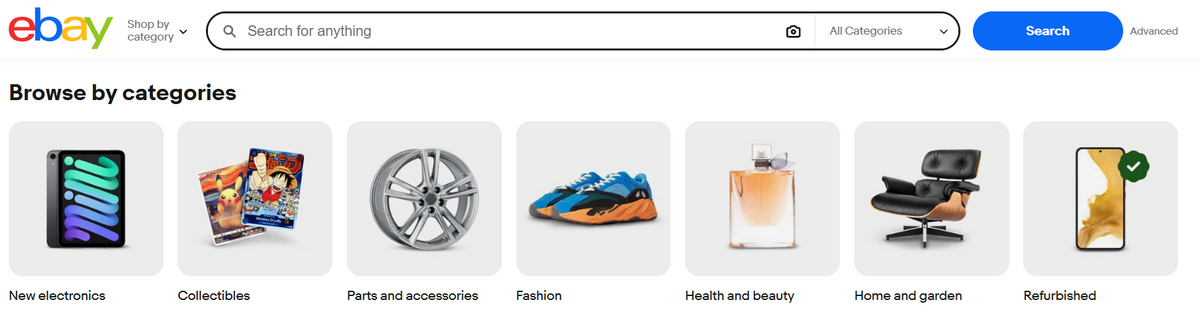 eBay product categories page