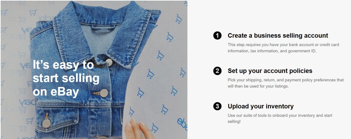 eBay guide showing the steps to create a seller account and start selling