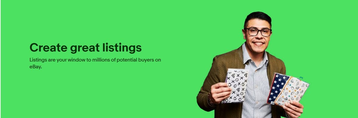 eBay seller holding products alongside guidance for creating product listings