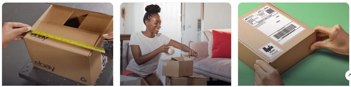 eBay shipping process showing package measurement, packing, and shipping labels