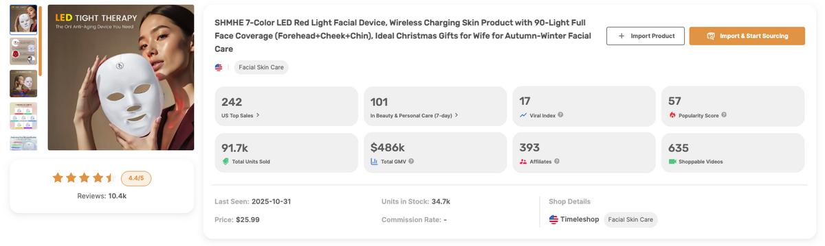 Facial LED mask insights on AutoDS's TikTok Analytics