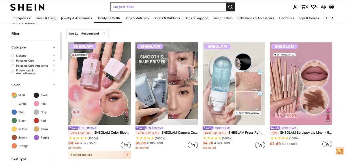 Shein for dropshipping beauty products