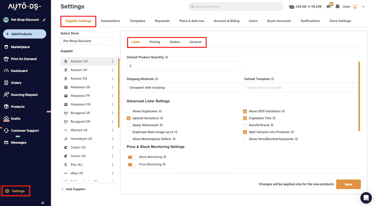 Enable AutoDS automation features for dropshipping beauty products