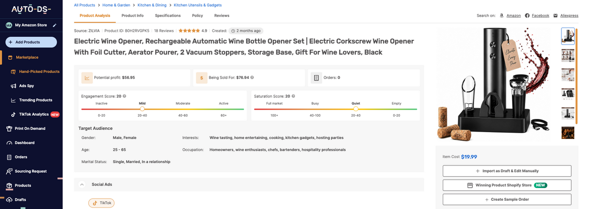 Electric wine opener/aerator, one of the best dropshipping products for November 2026